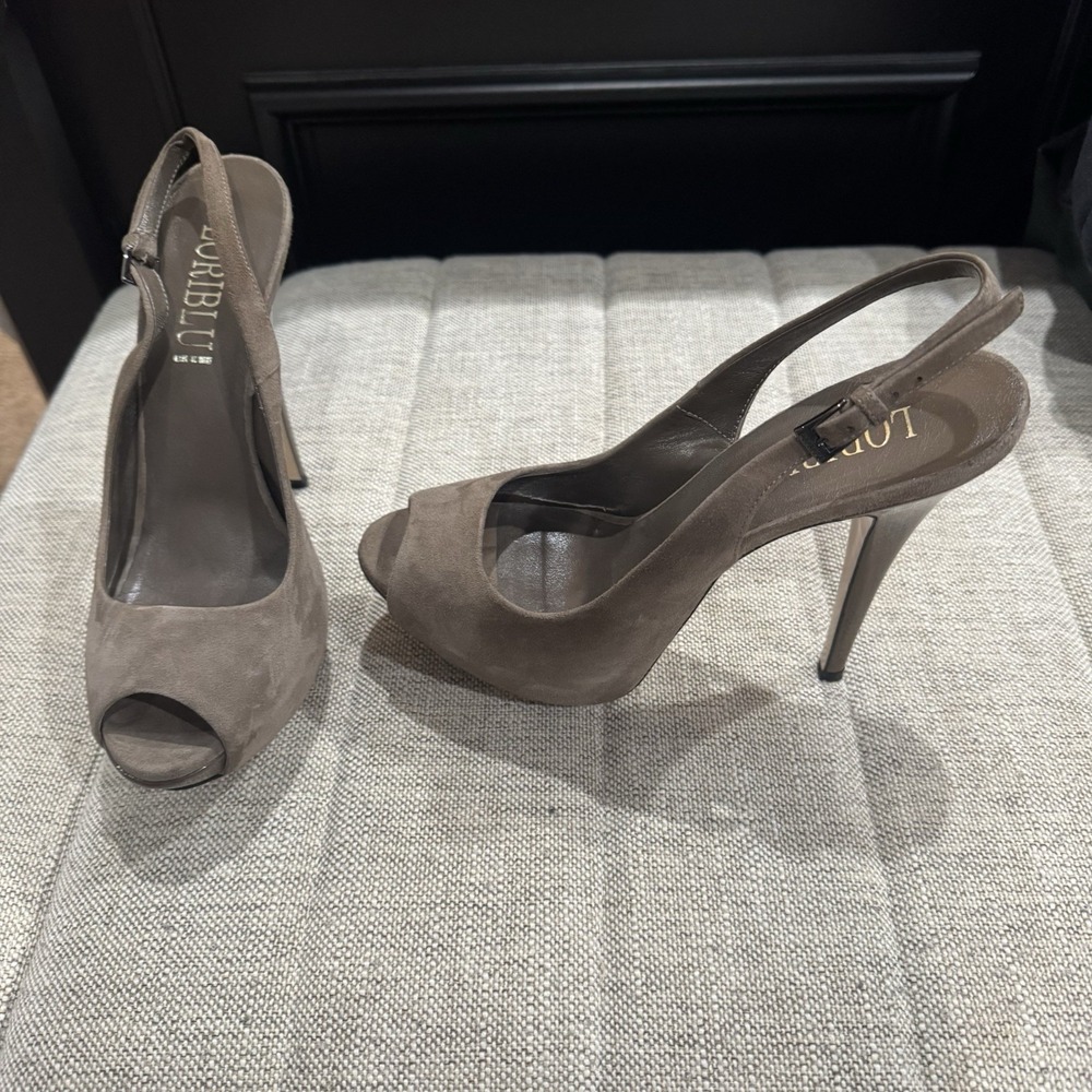 Loriblu Taupe Suede Peep Toe Platform Sling backs Pumps Size‎ 38.5 US 8.5 Italy